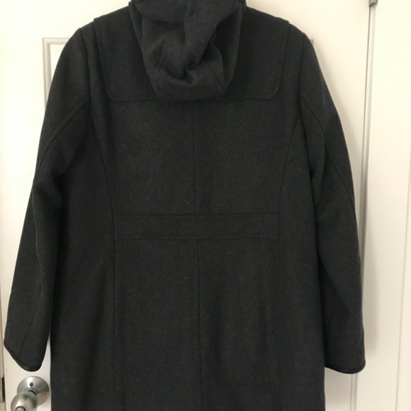 New Cole Haan SZ 14 Charcoal Wool Duffle Coat with Hood and Leather Trims - Picture 2 of 4